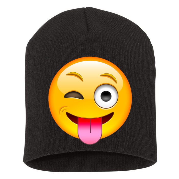 Emoticon Tongue Out Emoji with Winking Eye Smiley Short Acrylic Beanie