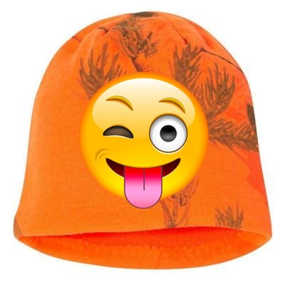 Emoticon Tongue Out Emoji with Winking Eye Smiley Kati - Camo Knit Beanie