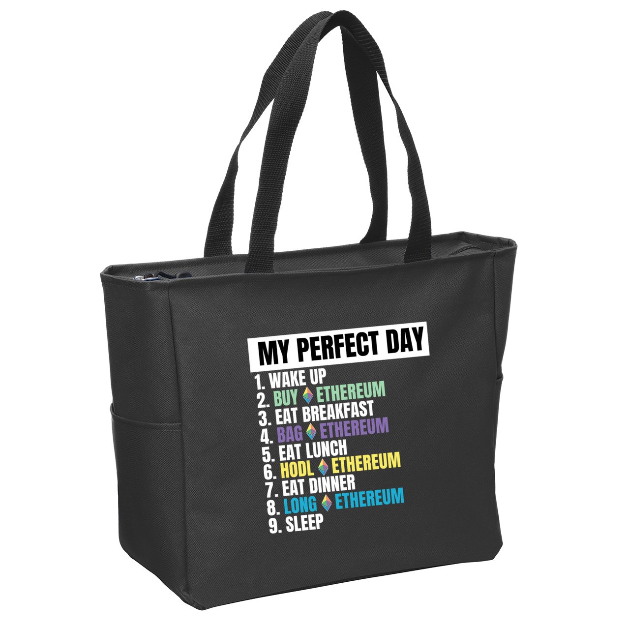 Ethereum My Perfect Day, Buy Crypto, Buy ETH, Funny Crypto Meme Zip Tote Bag