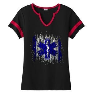 EMS Emergency Medical Services Ripped Torn Flag Ladies Halftime Notch Neck Tee