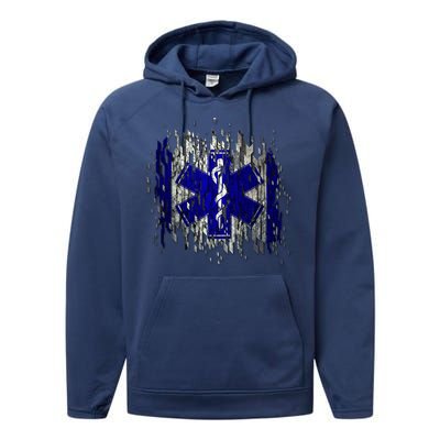 EMS Emergency Medical Services Ripped Torn Flag Performance Fleece Hoodie