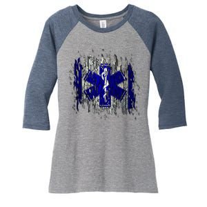 EMS Emergency Medical Services Ripped Torn Flag Women's Tri-Blend 3/4-Sleeve Raglan Shirt