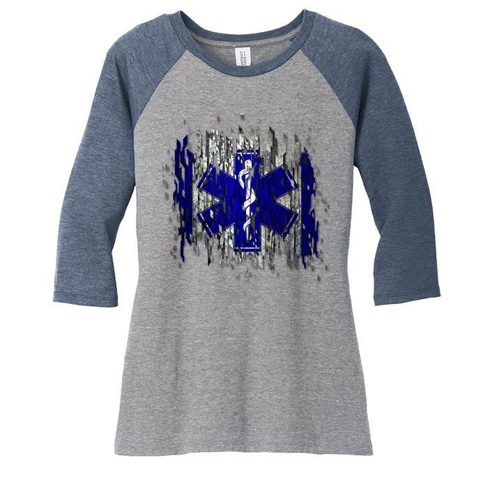 EMS Emergency Medical Services Ripped Torn Flag Women's Tri-Blend 3/4-Sleeve Raglan Shirt