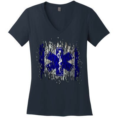 EMS Emergency Medical Services Ripped Torn Flag Women's V-Neck T-Shirt