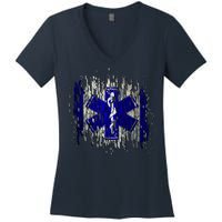 EMS Emergency Medical Services Ripped Torn Flag Women's V-Neck T-Shirt