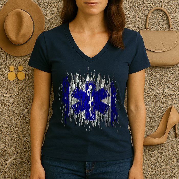 EMS Emergency Medical Services Ripped Torn Flag Women's V-Neck T-Shirt