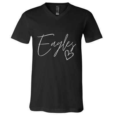 Eagles Mascot School Sports Fan Team Spirit Heart Football V-Neck T-Shirt