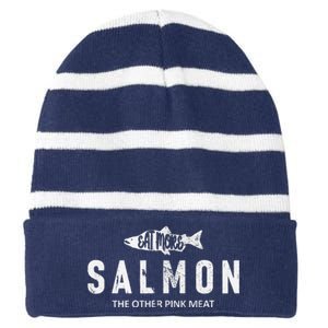 Eat More Salmon The Other Pink Meat Funny Fishing Fisherman Striped Beanie with Solid Band