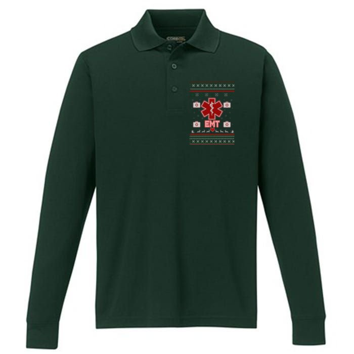 EMT Medic Ugly Christmas Sweater Performance Long Sleeve Polo