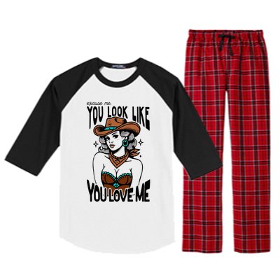 Excuse Me You Look Like Your Love Me Cowgirl Western Raglan Sleeve Pajama Set