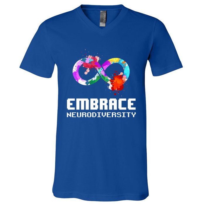 Embrace Neurodiversity Autism Adhd Asd Rainbow Brain Gift V-Neck T-Shirt