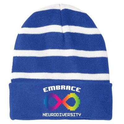 Embrace Neurodiversity Autism Adhd Asd Rainbow Brain Gift Striped Beanie with Solid Band