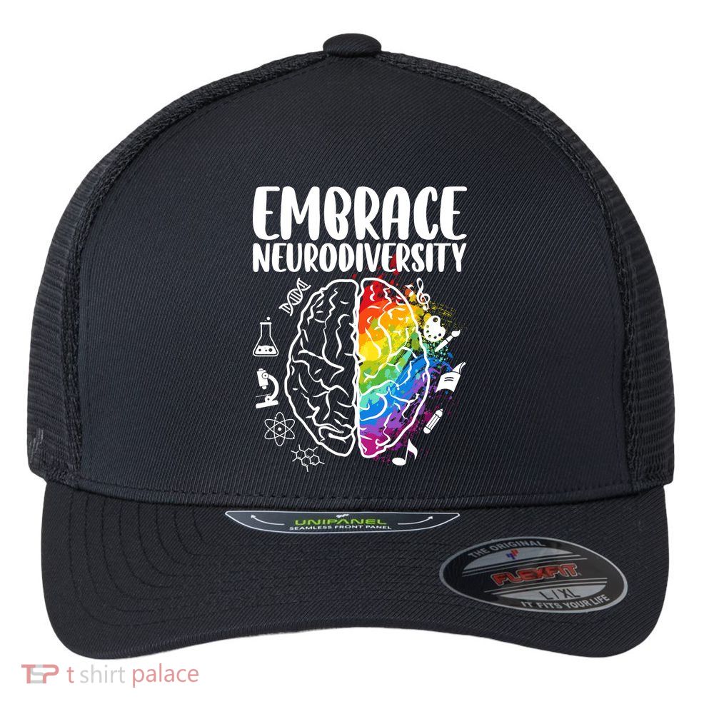 Embrace Neurodiversity Autism Awareness Colorful Brain Flexfit Unipanel Trucker Cap