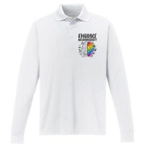 Embrace Neurodiversity Autism Awareness Colorful Brain Performance Long Sleeve Polo