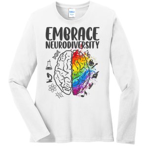 Embrace Neurodiversity Autism Awareness Colorful Brain Ladies Long Sleeve Shirt