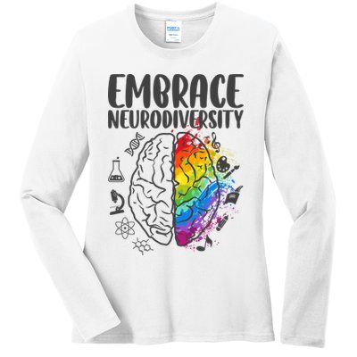 Embrace Neurodiversity Autism Awareness Colorful Brain Ladies Long Sleeve Shirt