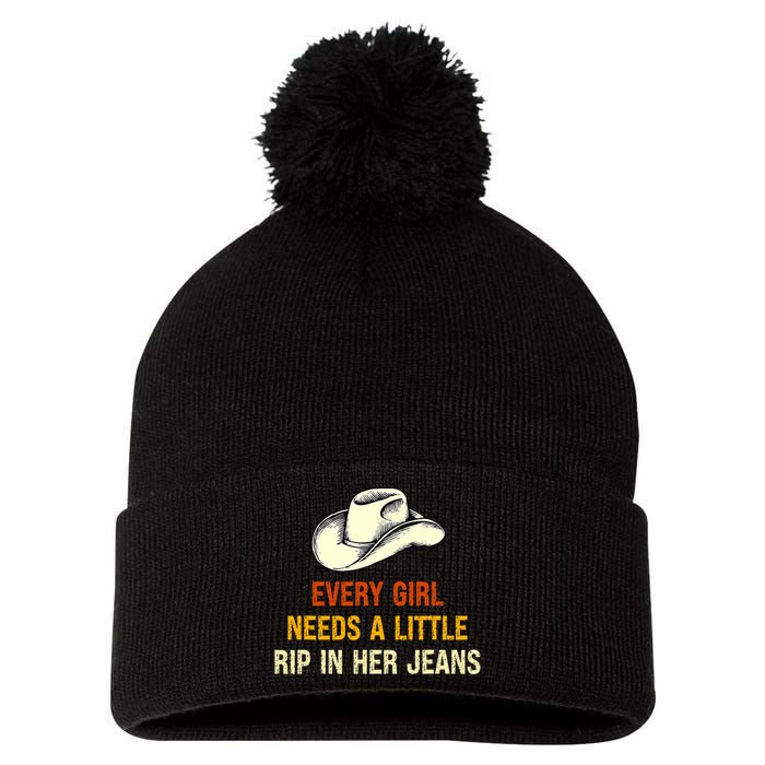 Every  Needs A Little Rip In Her Jeans Vintage Retro Pom Pom 12in Knit Beanie