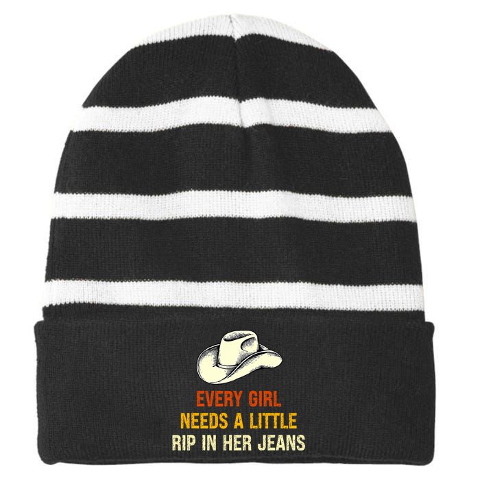 Every  Needs A Little Rip In Her Jeans Vintage Retro Striped Beanie with Solid Band