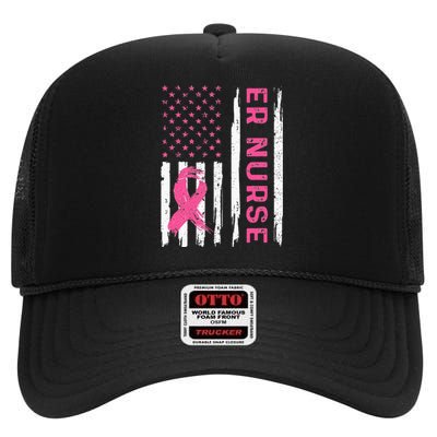 ER Nurse American Flag Nurse Breast Cancer Awareness High Crown Mesh Back Trucker Hat