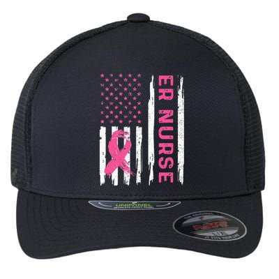 ER Nurse American Flag Nurse Breast Cancer Awareness Flexfit Unipanel Trucker Cap