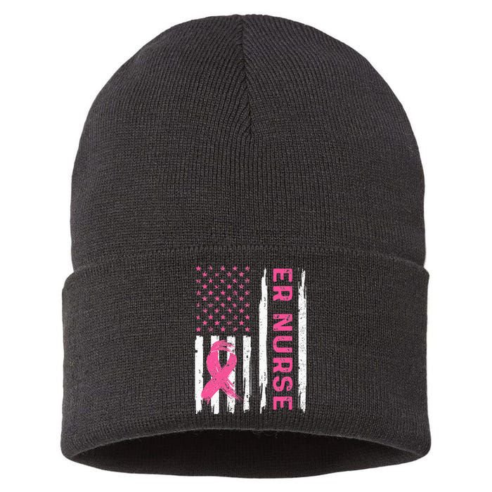 ER Nurse American Flag Nurse Breast Cancer Awareness Sustainable Knit Beanie