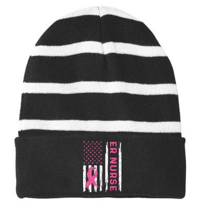 ER Nurse American Flag Nurse Breast Cancer Awareness Striped Beanie with Solid Band