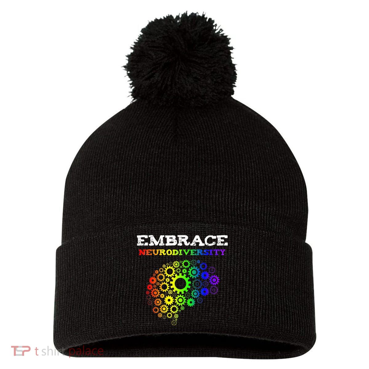 Embrace Neurodiversity Autism ADHD Rainbow Brain Screws Pom Pom 12in Knit Beanie