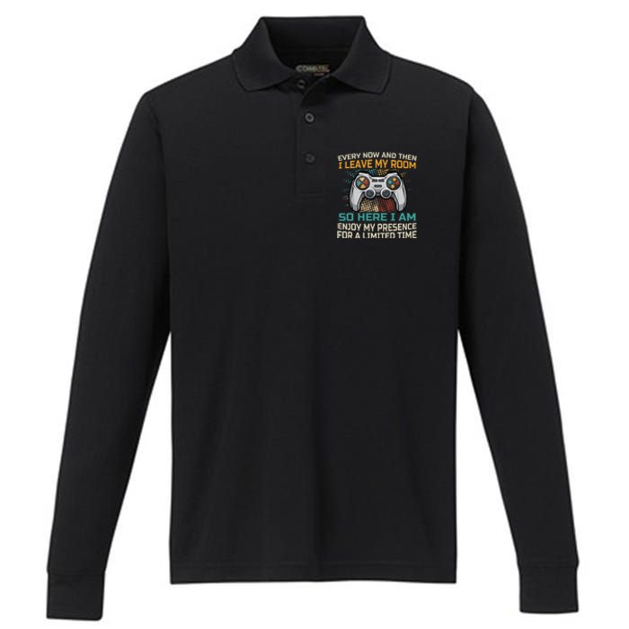 Every Now And Then I Leave My Room Funny Gaming Performance Long Sleeve Polo