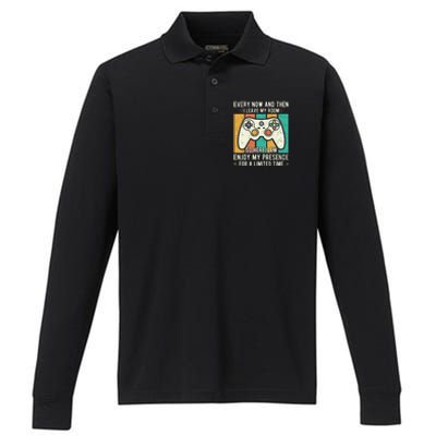 every now and then i leave my room funny gaming Performance Long Sleeve Polo