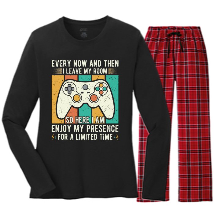 every now and then i leave my room funny gaming Women's Long Sleeve Flannel Pajama Set 