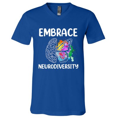 Embrace Neurodiversity Autism Adhd Asd Rainbow Brain Cool Gift V-Neck T-Shirt