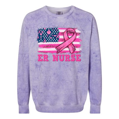 ER Nurse American Cancer Flag Cancer Warrior Pink Ribbon Colorblast Crewneck Sweatshirt