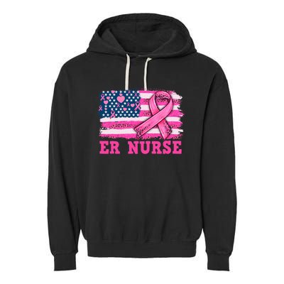 ER Nurse American Cancer Flag Cancer Warrior Pink Ribbon Garment-Dyed Fleece Hoodie