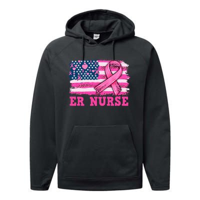 ER Nurse American Cancer Flag Cancer Warrior Pink Ribbon Performance Fleece Hoodie