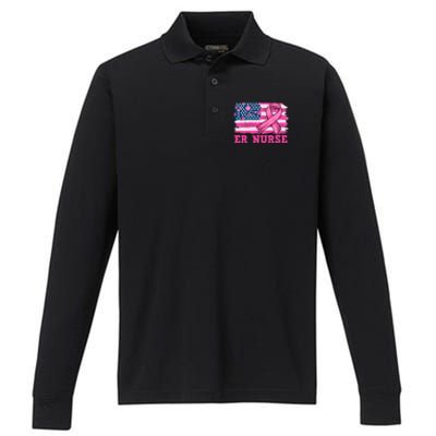 ER Nurse American Cancer Flag Cancer Warrior Pink Ribbon Performance Long Sleeve Polo