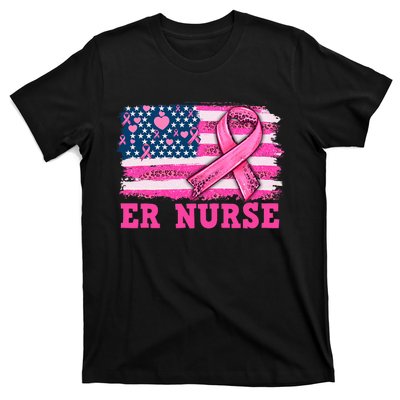 ER Nurse American Cancer Flag Cancer Warrior Pink Ribbon T-Shirt