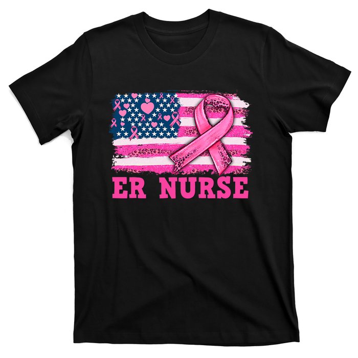 ER Nurse American Cancer Flag Cancer Warrior Pink Ribbon T-Shirt