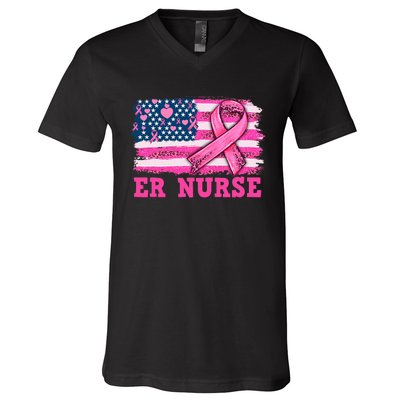 ER Nurse American Cancer Flag Cancer Warrior Pink Ribbon V-Neck T-Shirt