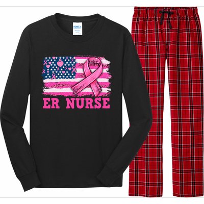 ER Nurse American Cancer Flag Cancer Warrior Pink Ribbon Long Sleeve Pajama Set