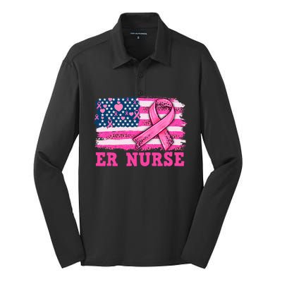 ER Nurse American Cancer Flag Cancer Warrior Pink Ribbon Silk Touch Performance Long Sleeve Polo