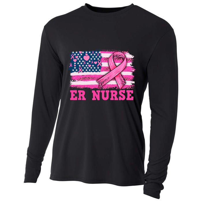 ER Nurse American Cancer Flag Cancer Warrior Pink Ribbon Cooling Performance Long Sleeve Crew