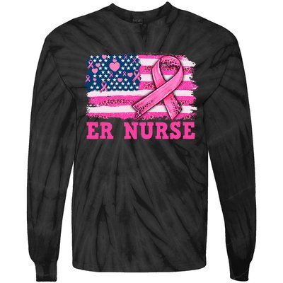 ER Nurse American Cancer Flag Cancer Warrior Pink Ribbon Tie-Dye Long Sleeve Shirt