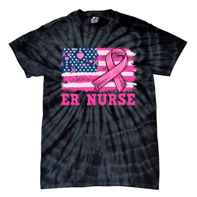 ER Nurse American Cancer Flag Cancer Warrior Pink Ribbon Tie-Dye T-Shirt