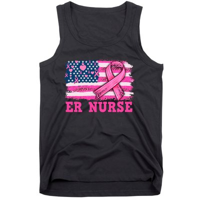 ER Nurse American Cancer Flag Cancer Warrior Pink Ribbon Tank Top