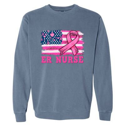 ER Nurse American Cancer Flag Cancer Warrior Pink Ribbon Garment-Dyed Sweatshirt