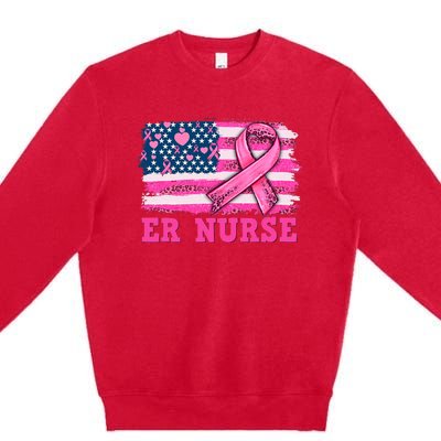 ER Nurse American Cancer Flag Cancer Warrior Pink Ribbon Premium Crewneck Sweatshirt