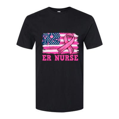 ER Nurse American Cancer Flag Cancer Warrior Pink Ribbon Softstyle CVC T-Shirt