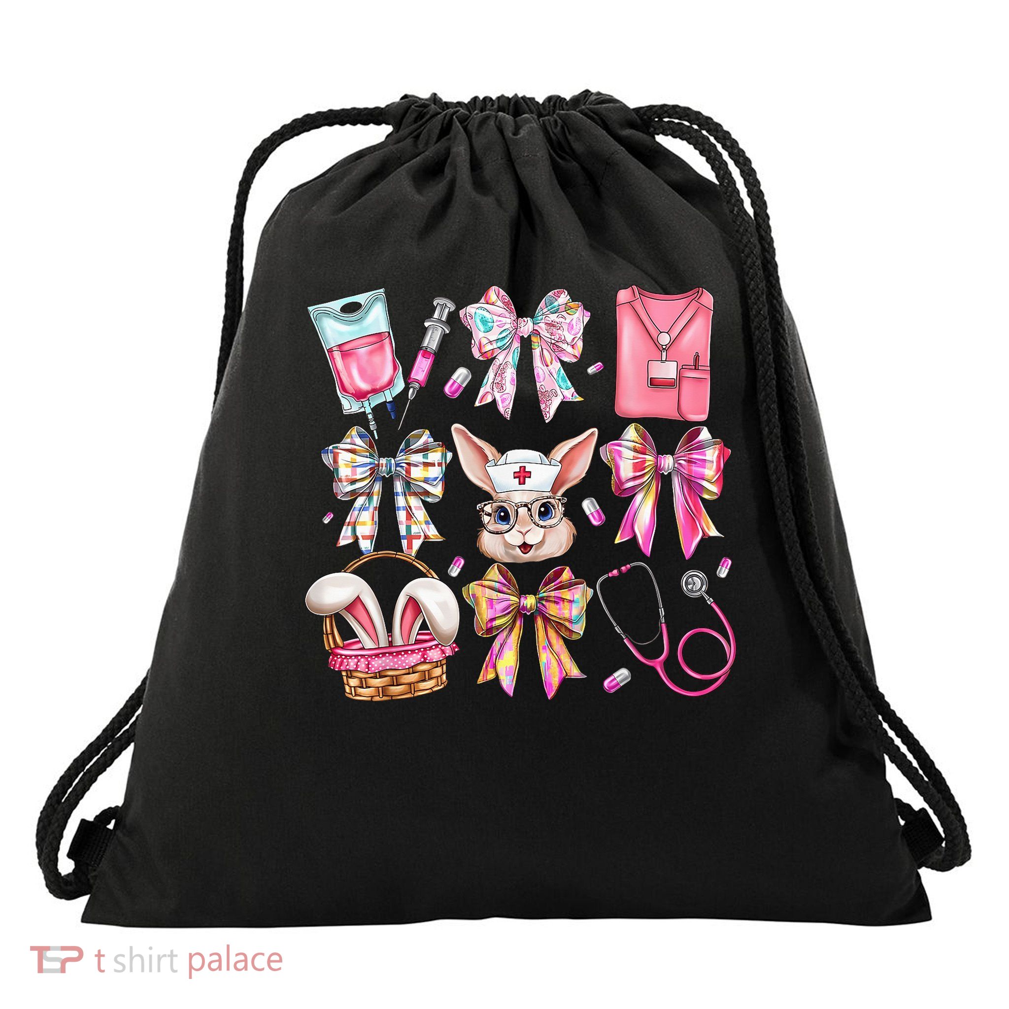 Easter Nurse Coquette Bow Happy Easter Bunny School Drawstring Bag