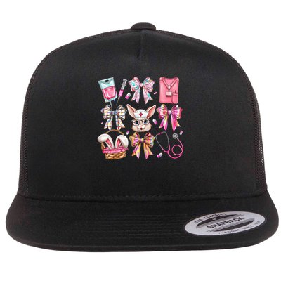 Easter Nurse Coquette Bow Happy Easter Bunny School Flat Bill Trucker Hat