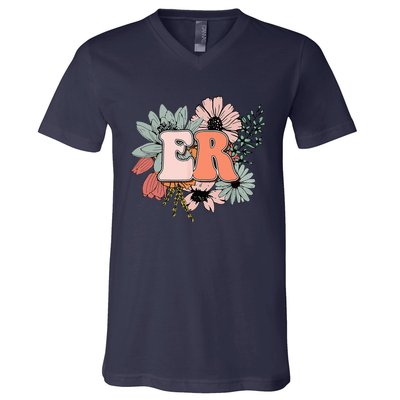 ER Nurse Emergency Room Nurse Floral Style For Nurse V-Neck T-Shirt